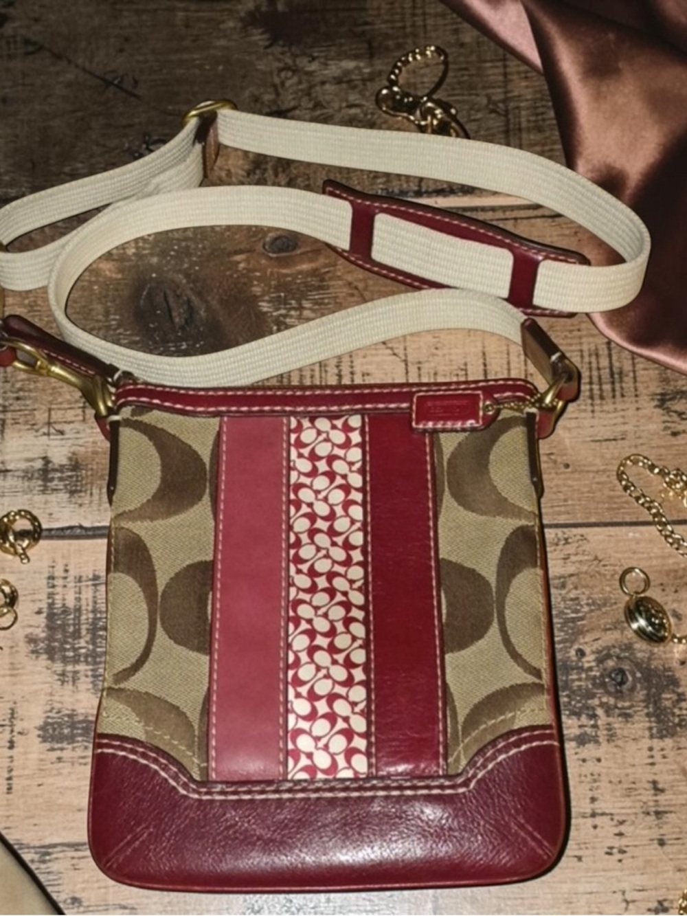 Coach Red and Khaki Signature Canvas Crossbody Bag